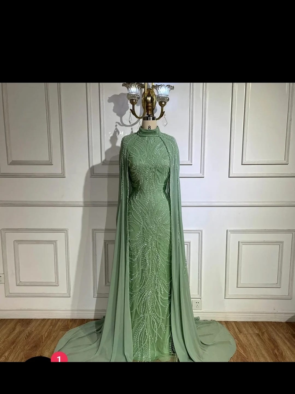 Elegant Sage Green Beaded Cape Maxi Dress
